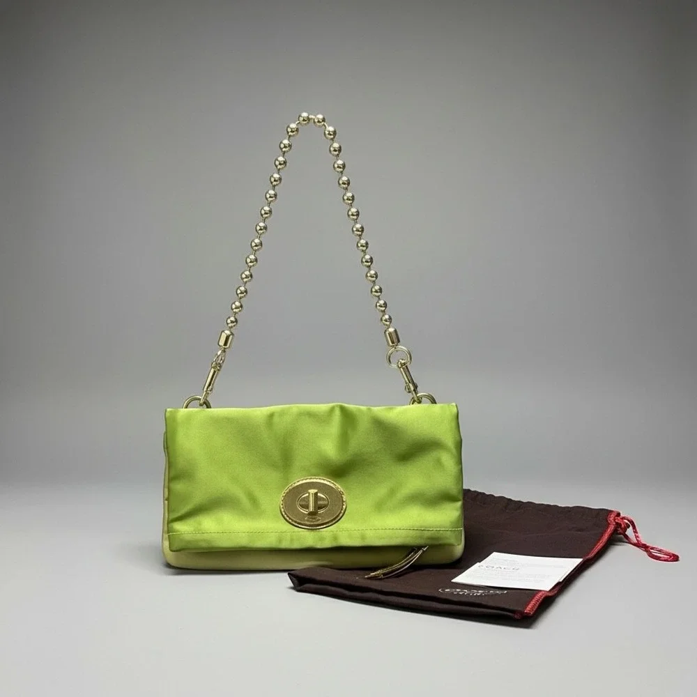 COACH 12926 AMANDA FOLD OVER Green SATIN CHAIN SHOULDER BAG
